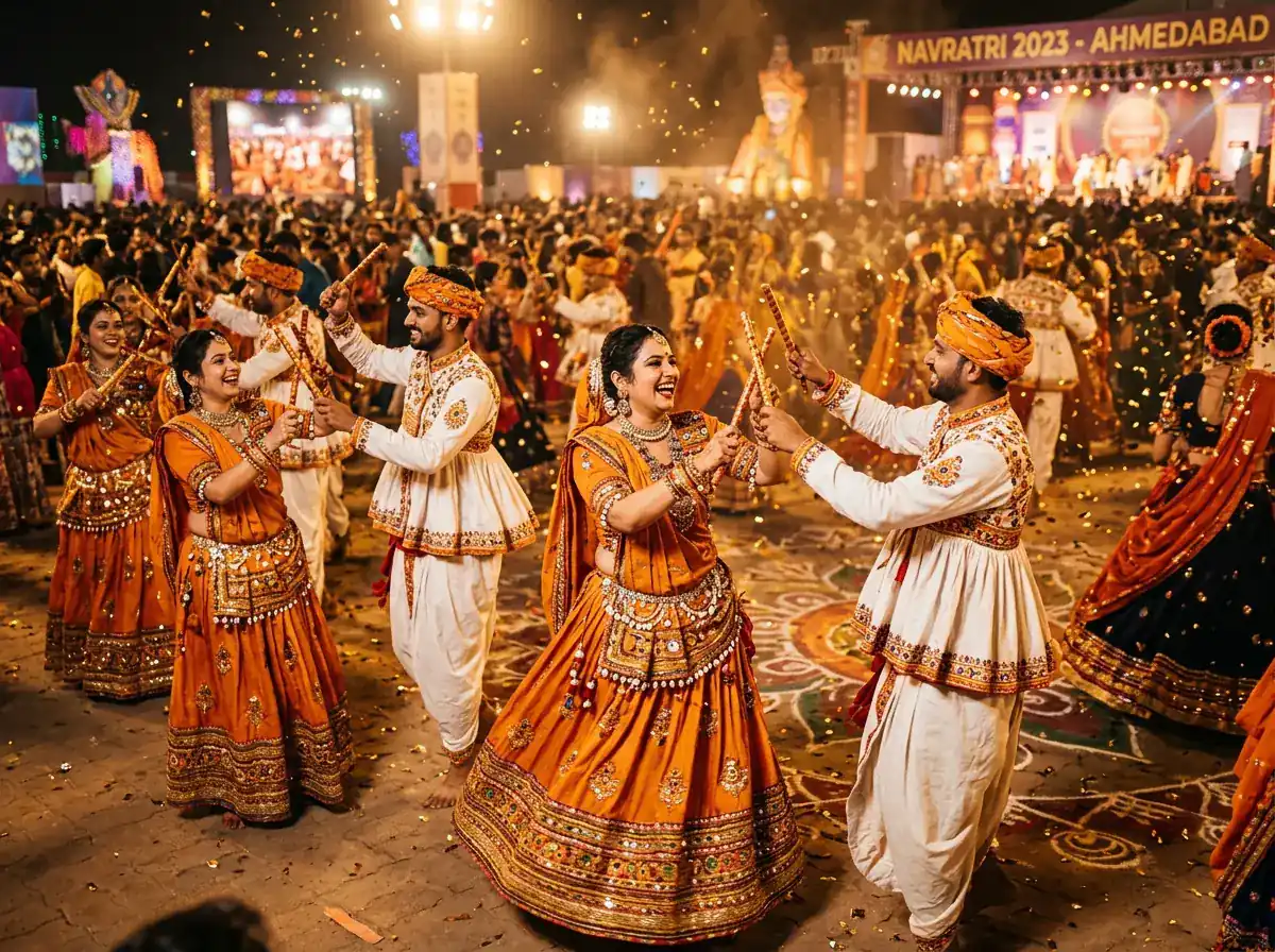 Dandiya raas dancers in traditional attire