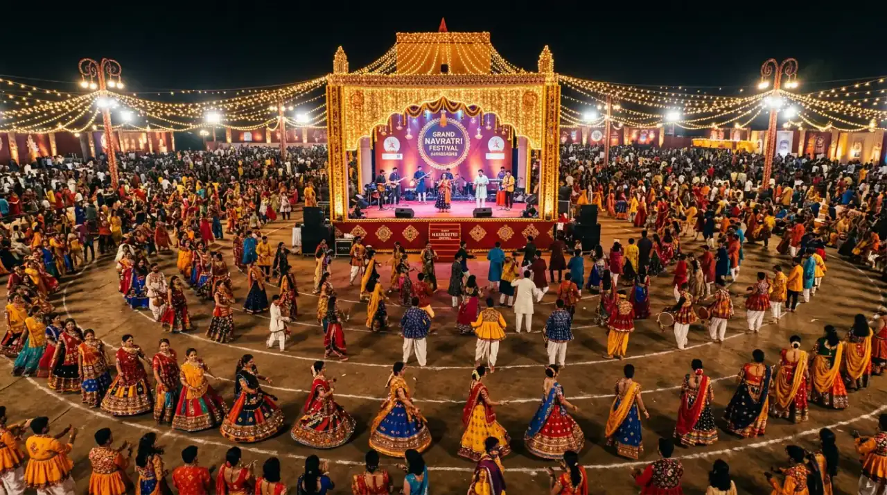 Royal kesari themed venue decor on the Garba ground