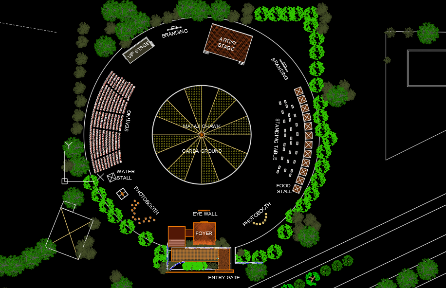Kesari Raat venue layout showing Garba Ground, Mataji Chawk, stages, seating, and food stalls