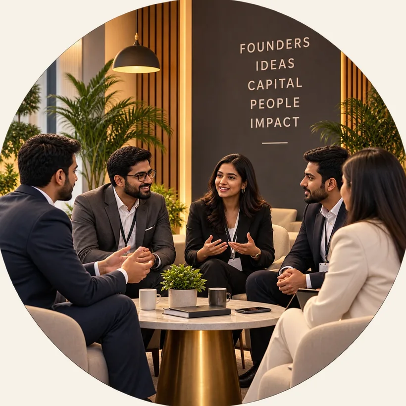 Founders and investors in conversation around a low marble table in a warm lounge, a wall behind reading Founders, Ideas, Capital, People, Impact