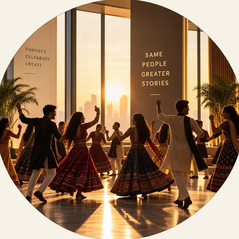 Dancers in chaniya cholis and kurtas playing garba in a tall hall at sunset, a wall behind reading Same People, Greater Stories