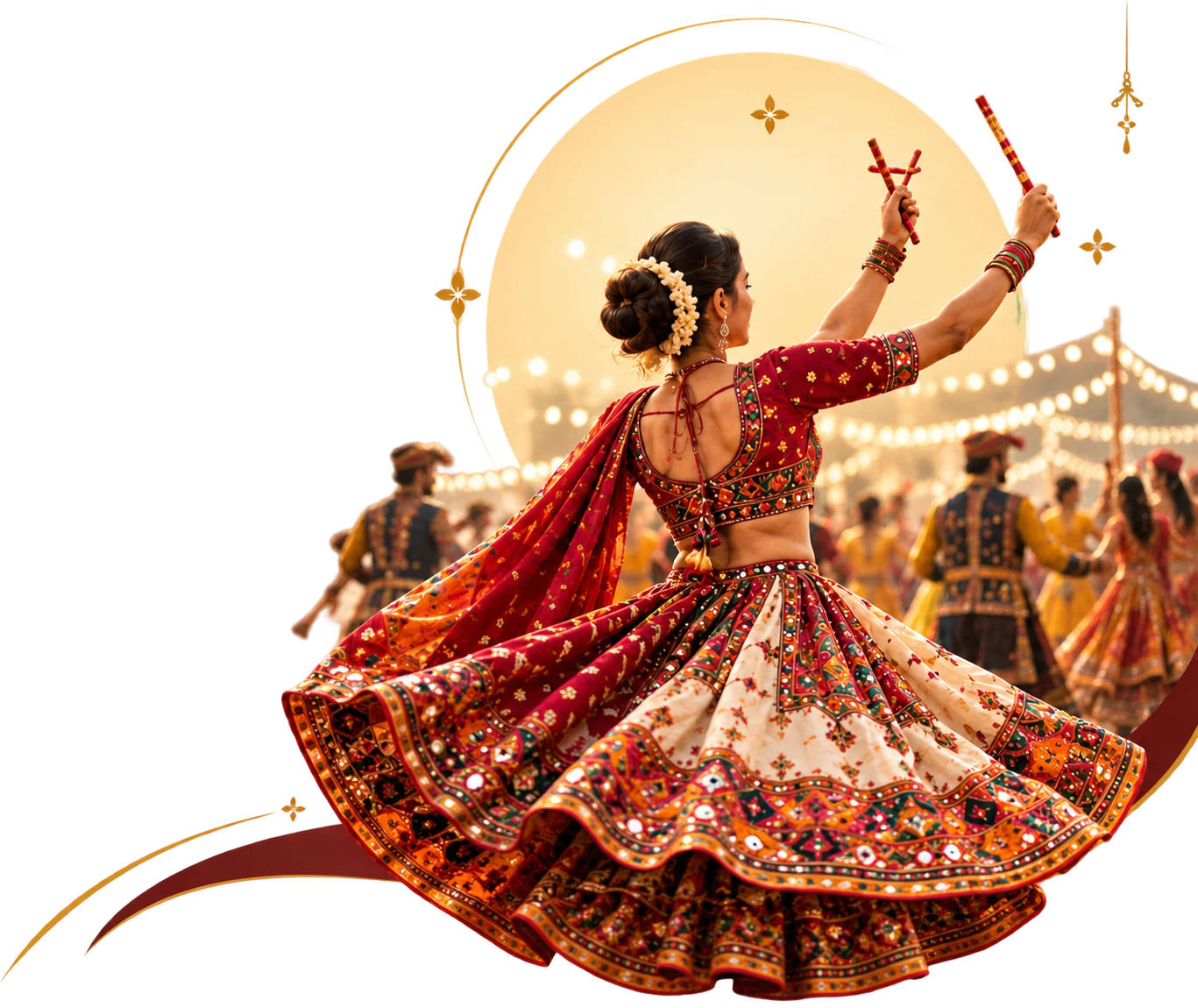A woman in a red chaniya choli twirling with dandiya sticks at a Navratri garba