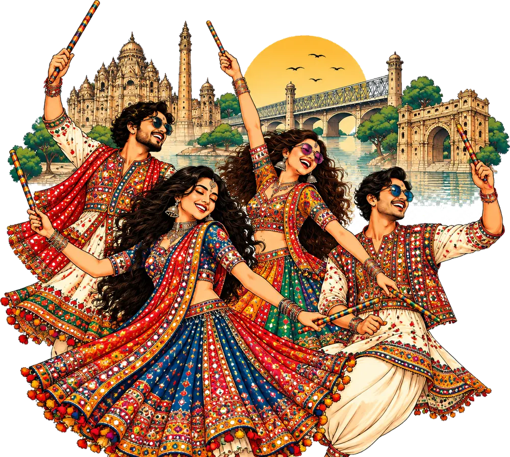 Garba dancers with the Ahmedabad skyline and the Sabarmati riverfront