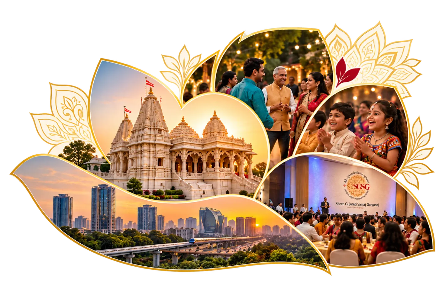Collage in a lotus frame: a Gujarati temple at sunset, the Gurgaon skyline and metro, families meeting at a festival, children clapping, and a Samaj gathering on stage